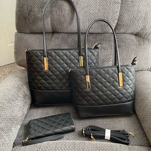 Black quilted purse. Comes with identical smaller purse, wallet, shoulder strap.